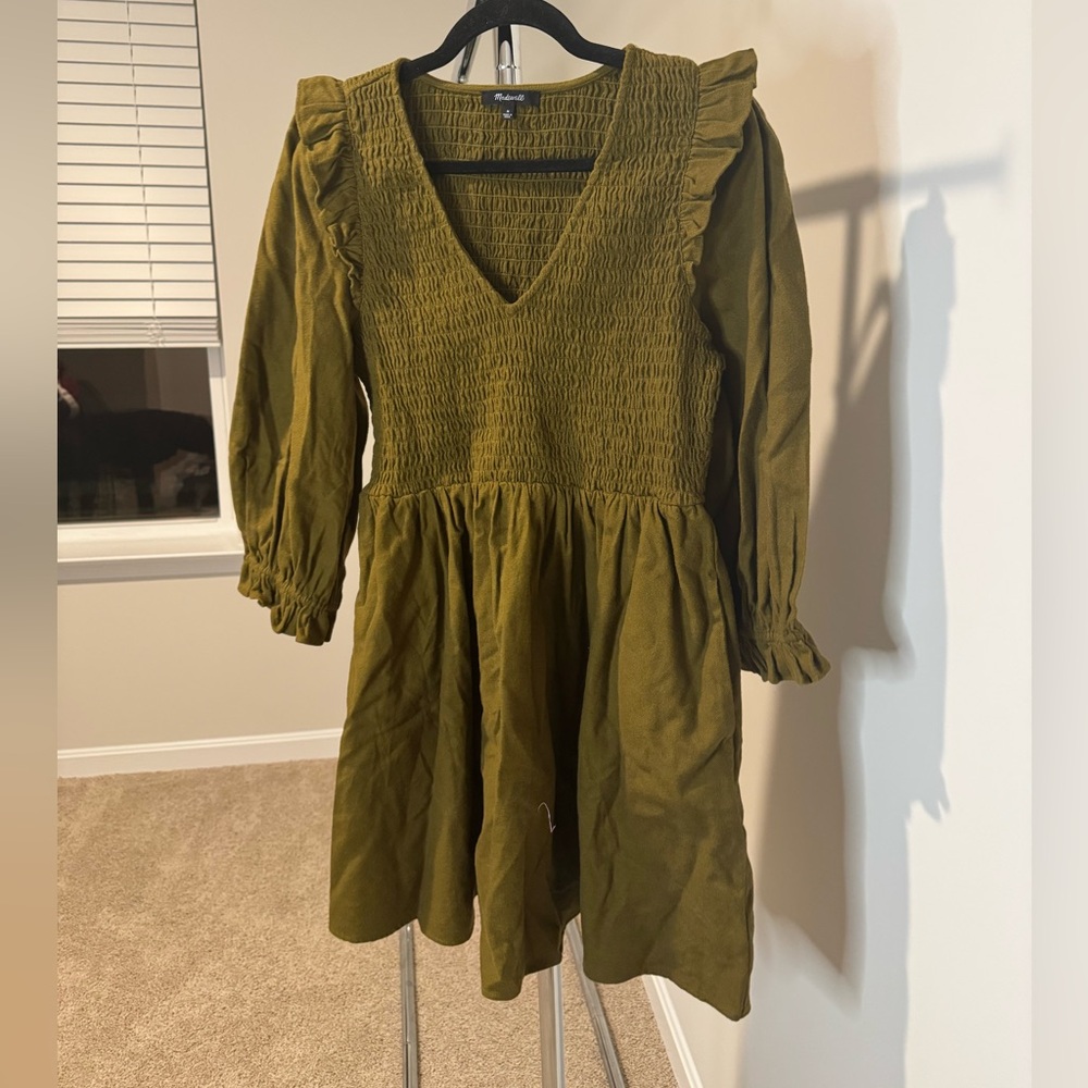 Madewell Olive Smocked Long Sleeve Dress